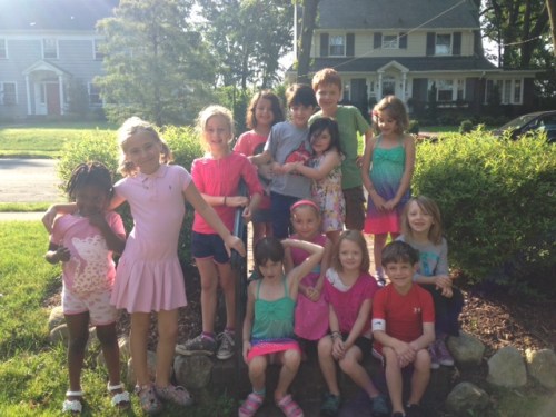 Bus stop kids, last day of school