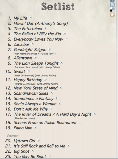 Set list for Billy Joel concert May 9, 2014 on carpoolcandy.com
